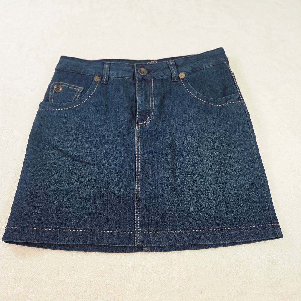 High Sierra Womens Dark Wash Denim Mini Skirt Size 4 Stretch Swirl Back Pockets